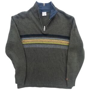 Vintage Columbia Men's 1/4 Zip Sweater Green Tan Stripe Ramie Wool Blend Large